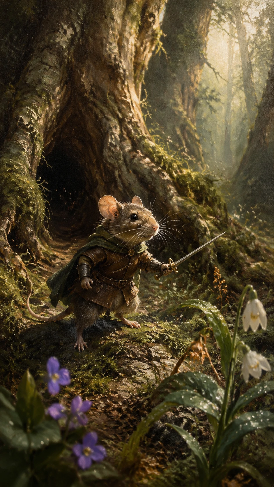 Tiny mouse adventurer crossing a mossy forest floor