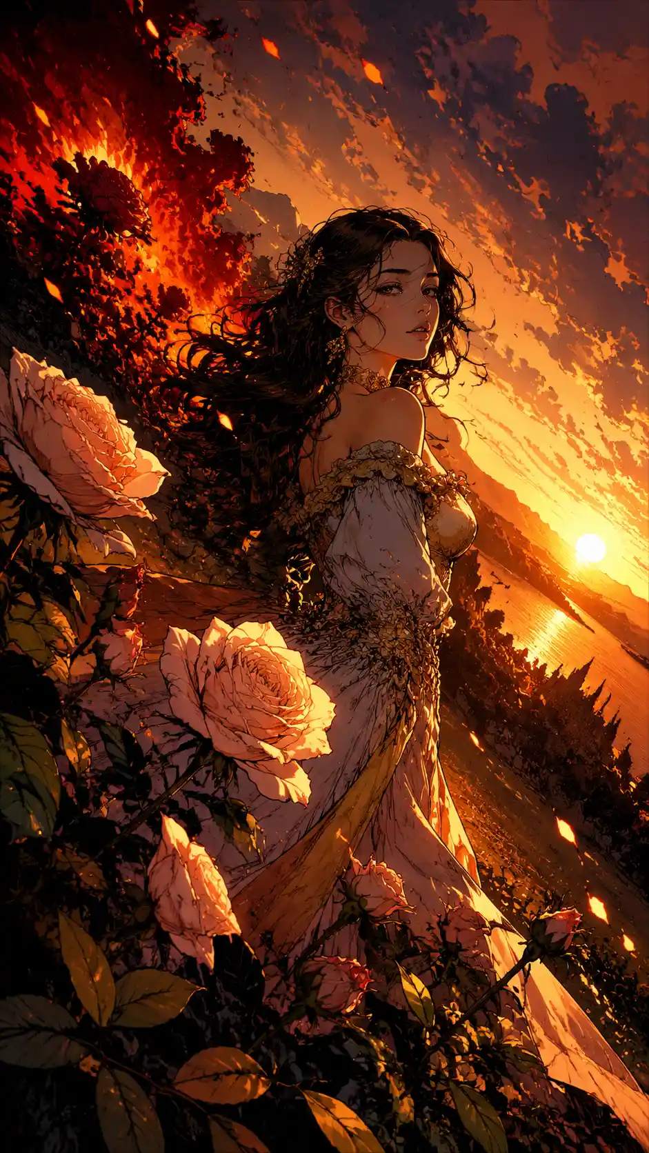 Golden flowers swaying softly at romantic sunset