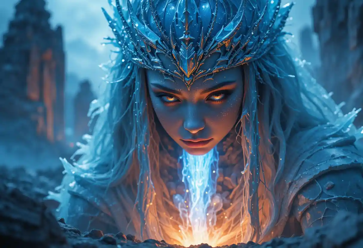 Ice crowned goddess gazing over fiery abyss below