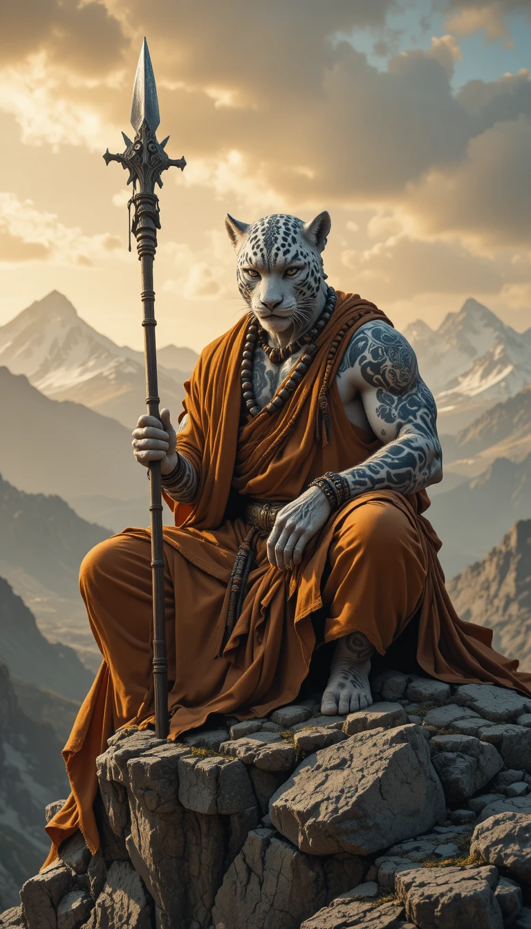 Snow leopard monk meditating on a high mountain ledge