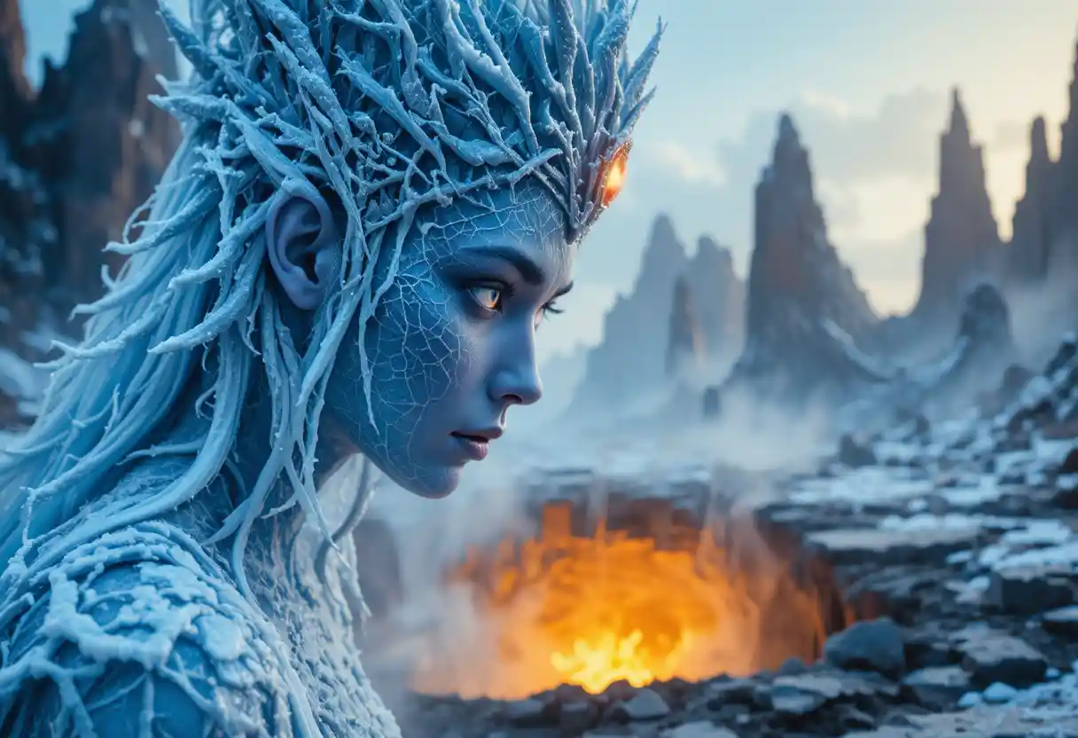 Frost goddess over fiery abyss in dramatic moonlit scene