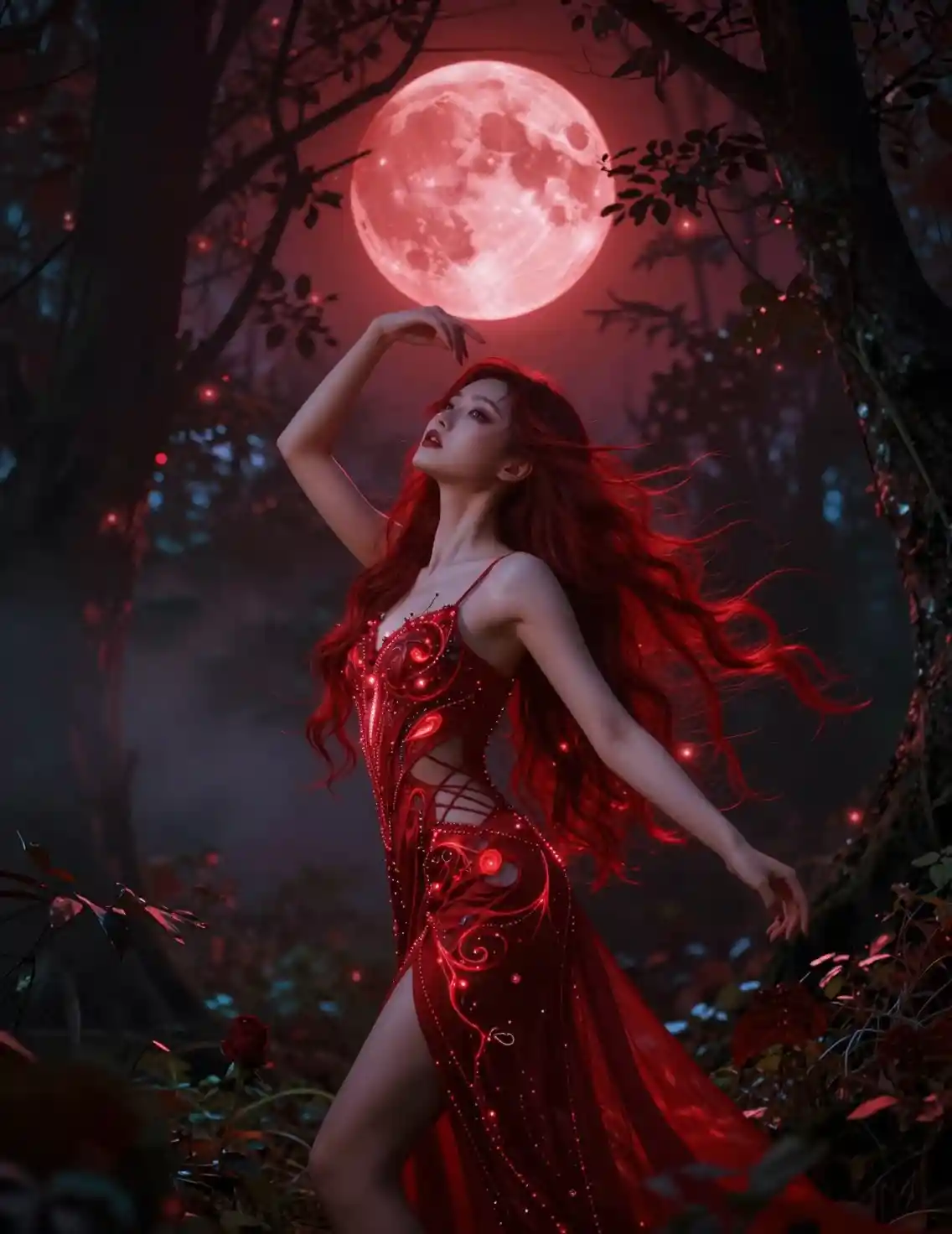 Enchanted woman under a crimson moon in mystical forest