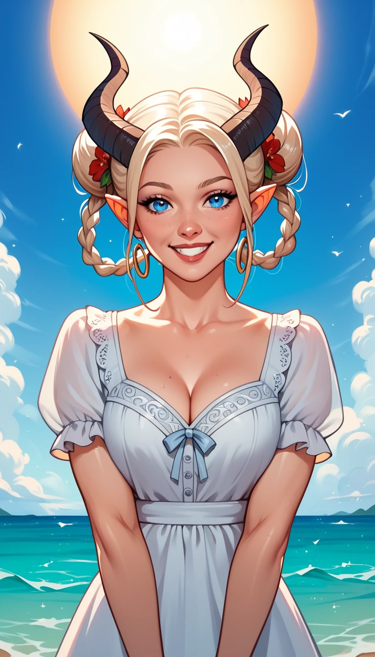 Shy platinum blonde tiefling woman on sunny ocean bluffs