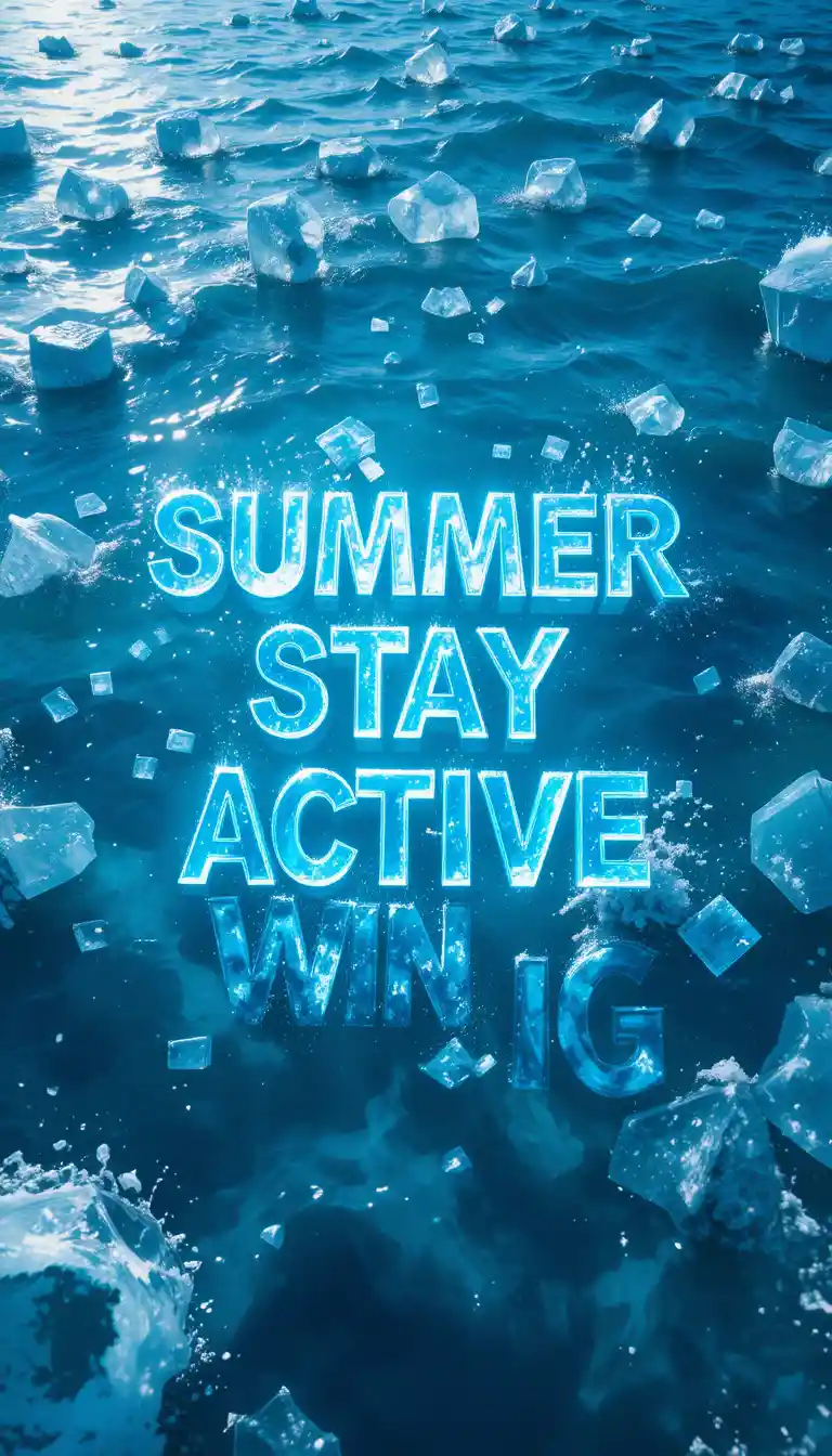 Wide ocean view with glowing blue waves and floating ice text