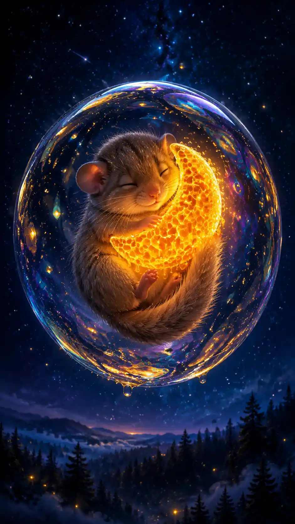 Dormouse Floating In Bubble Under A Starry Night Sky