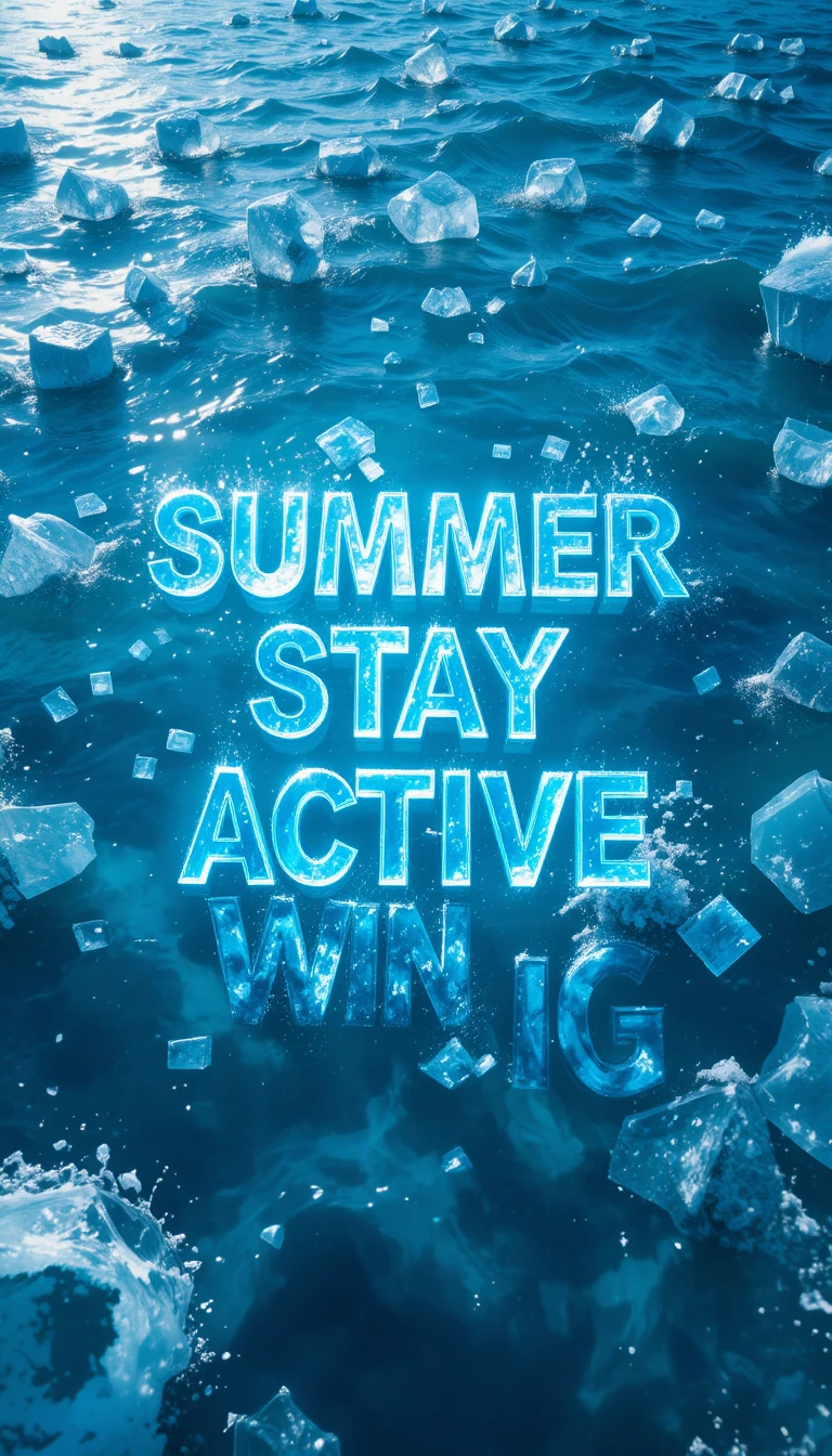 Wide ocean view with glowing blue waves and floating ice text
