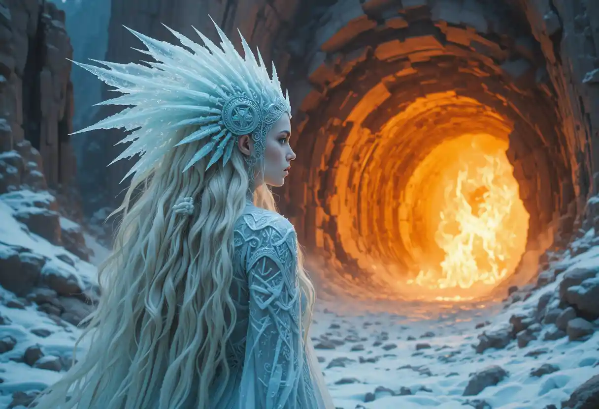 Frost goddess gazing into a fiery chasm of earth