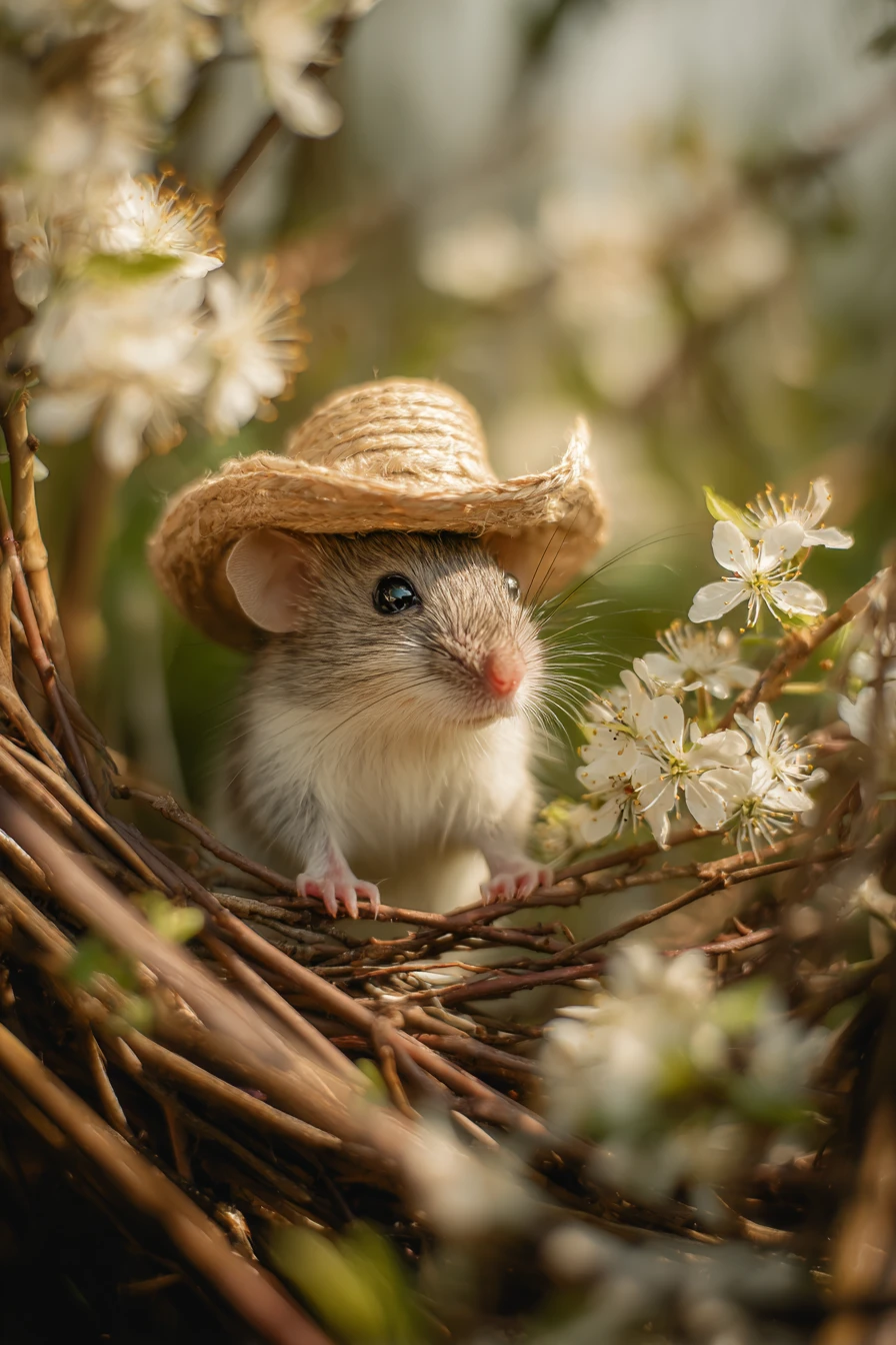 Cute little mouse in straw hat in fantasy garden