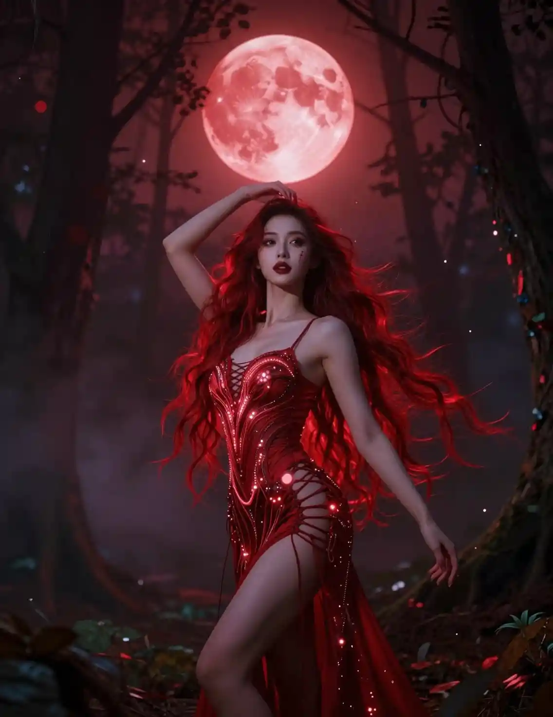 Mystical woman under a red moon in enchanted forest