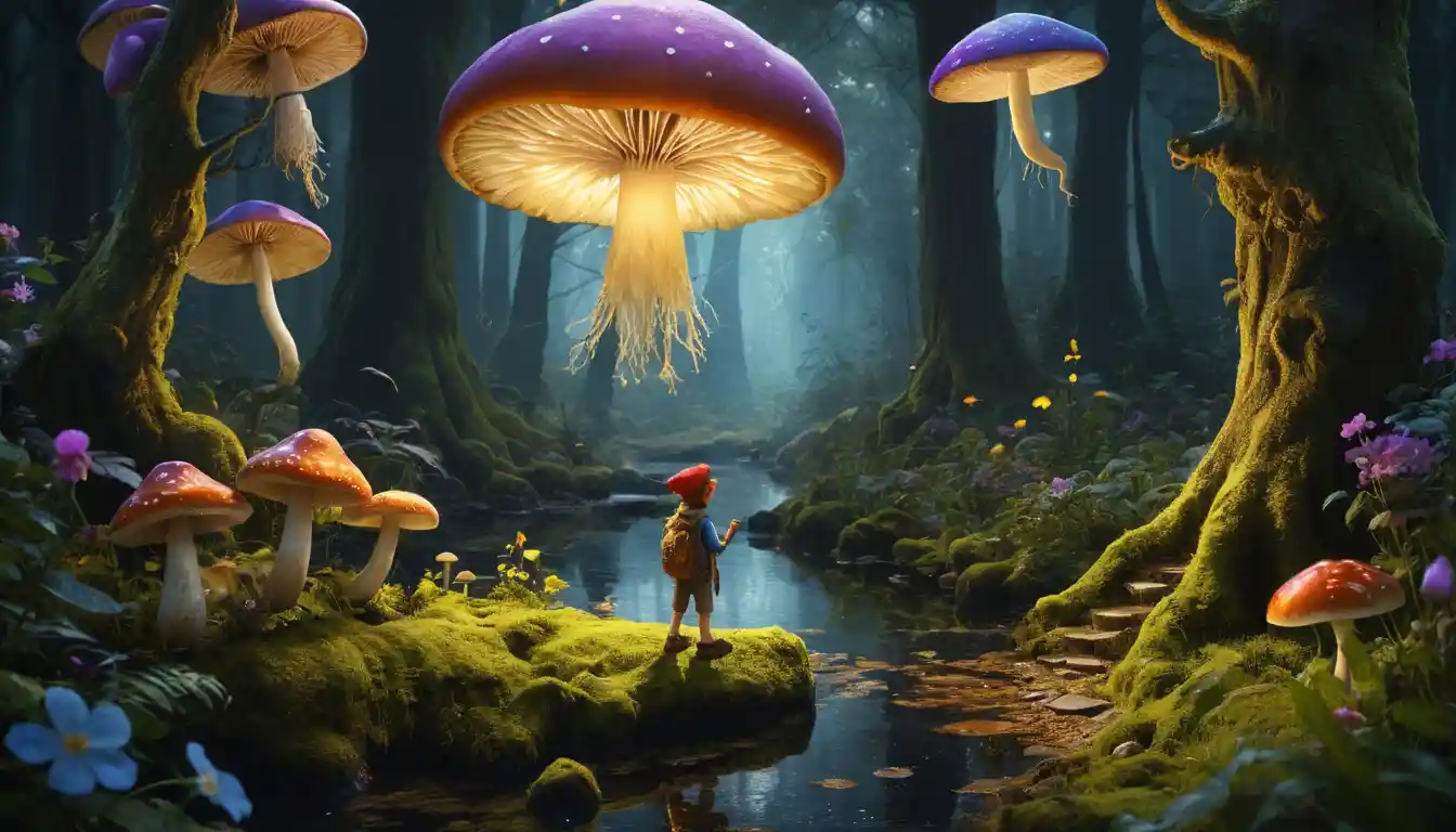 Young boy in a glowing enchanted forest with magic creatures
