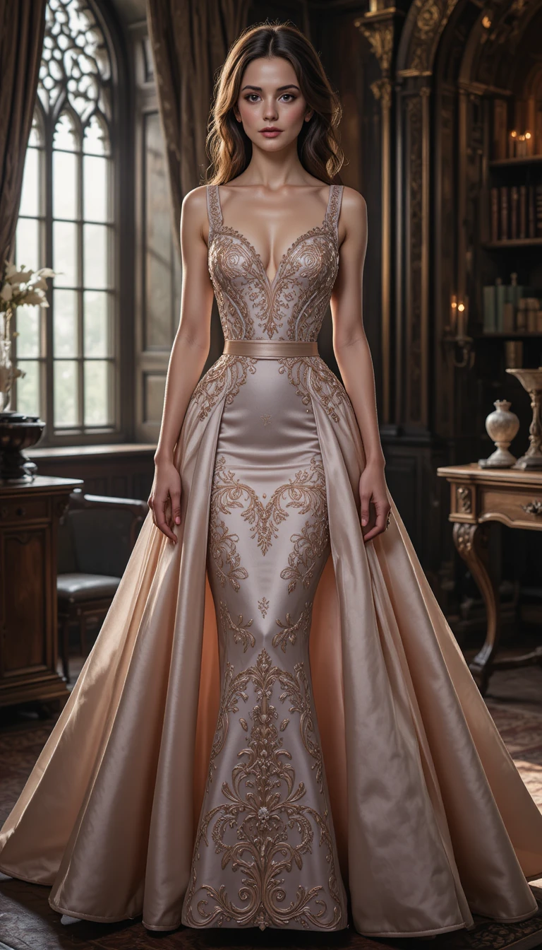 Elegant woman in embroidered ball gown in gothic interior