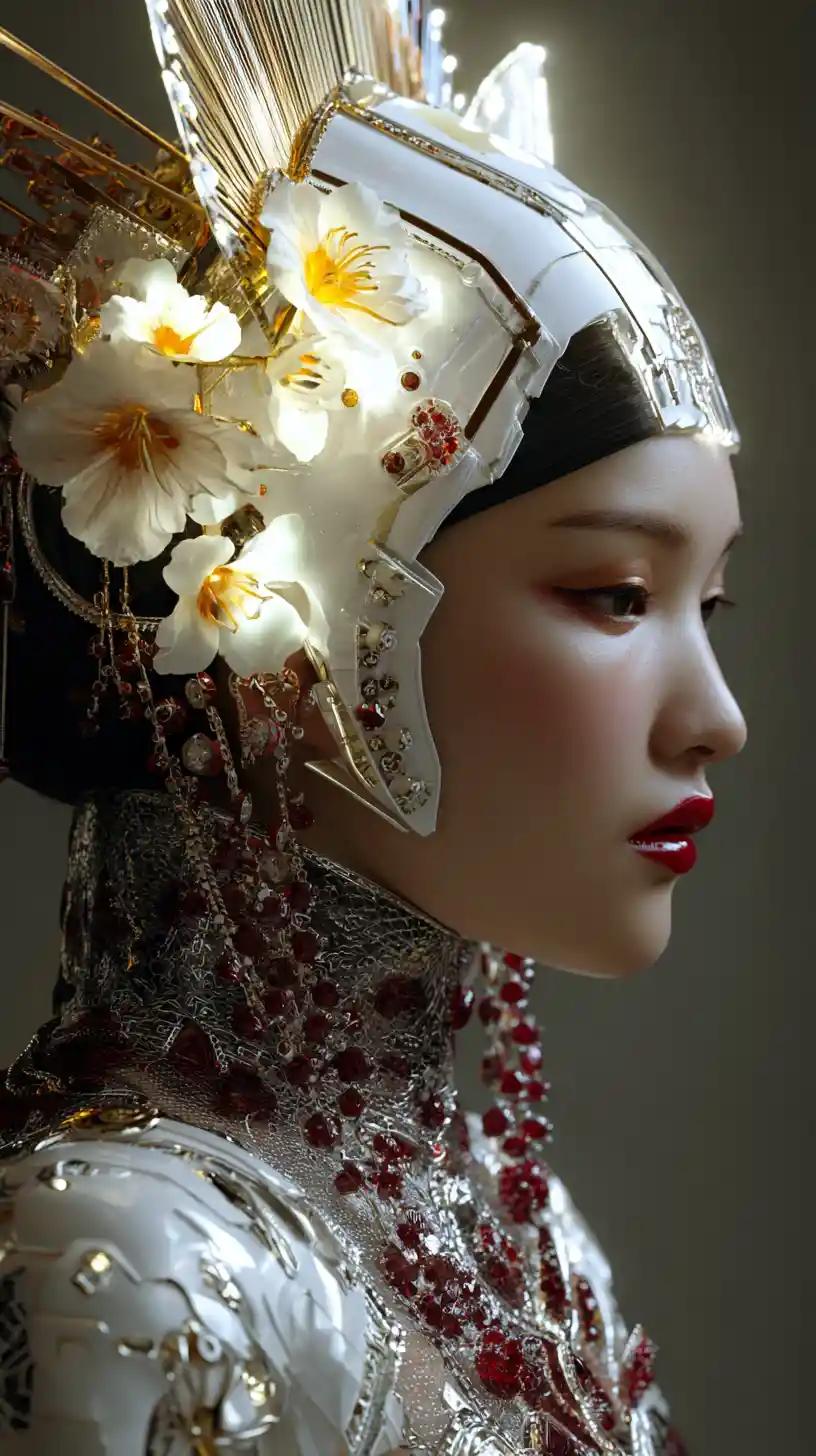 Cyber geisha portrait with mechanical headpiece and red lips