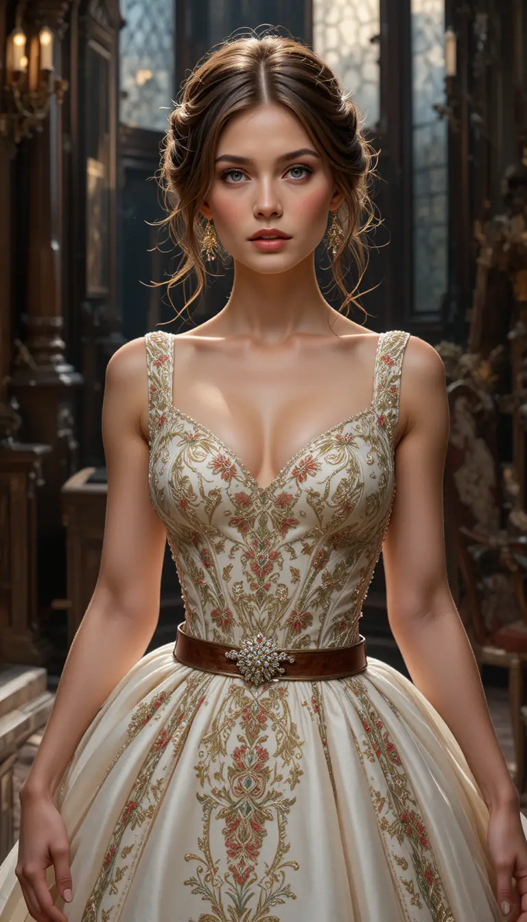 Elegant young woman in embroidered ball gown