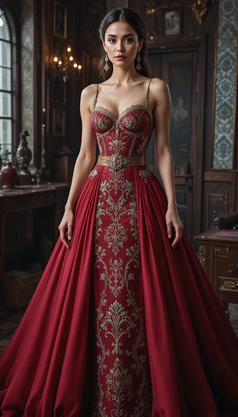 Elegant woman in embroidered ball gown in gothic interior