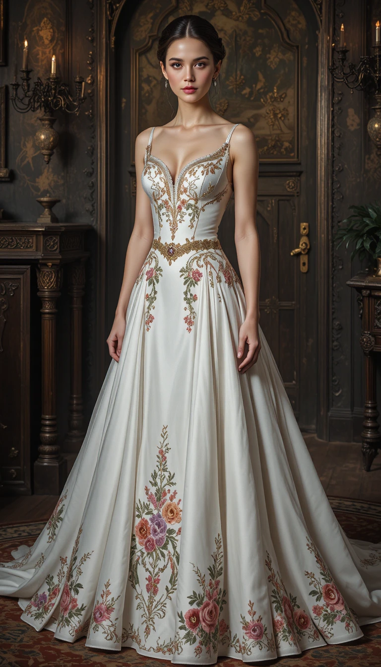 Giovane donna elegante in abito da ballo ricamato in interno