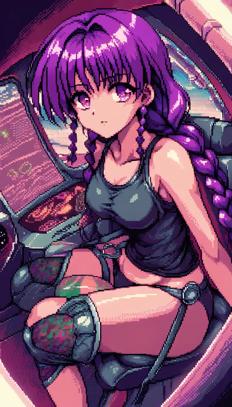 Chica de anime en cabina de avión en estilo pixel art