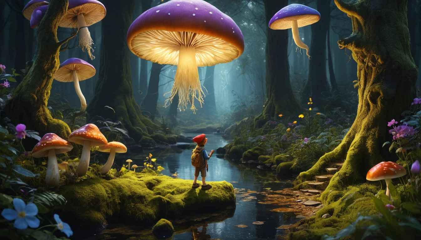 Young boy in a glowing enchanted forest with magic creatures