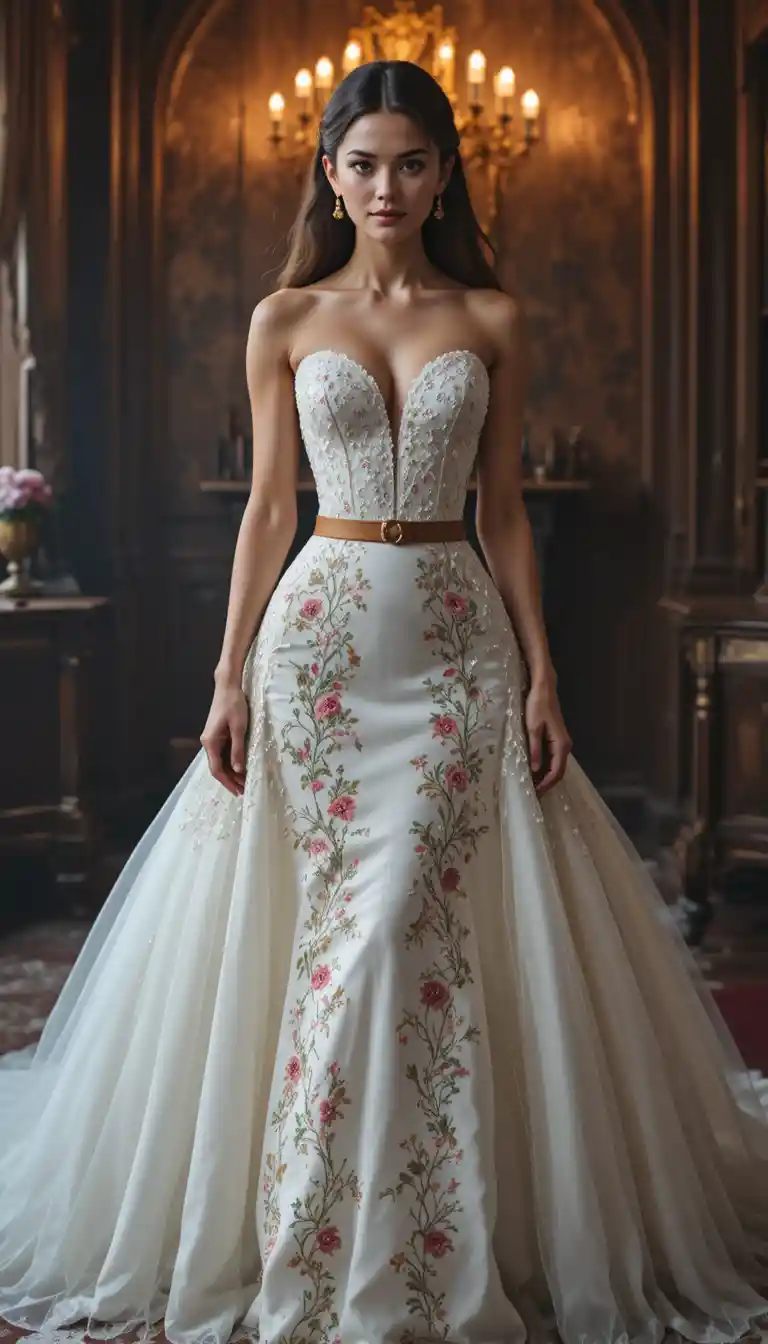 Elegant woman in embroidered ball gown in gothic interior