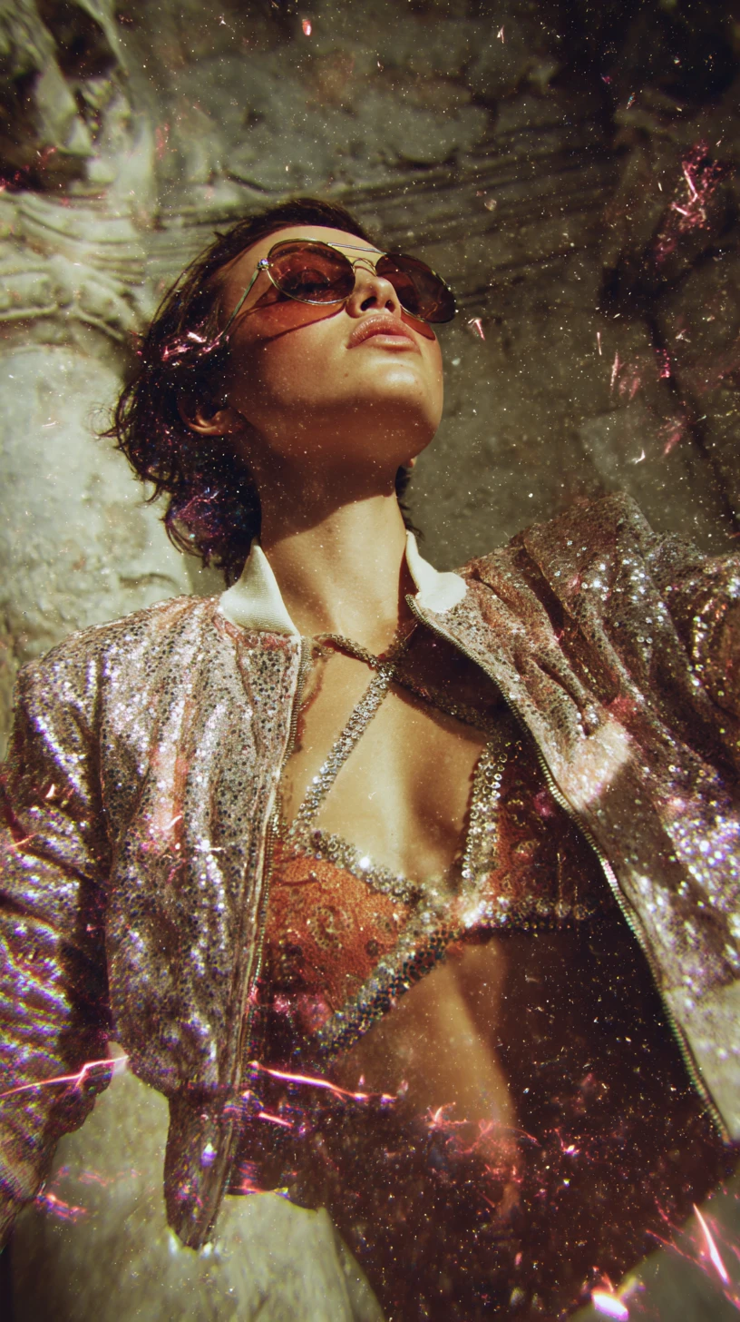 Glam punk woman running through ancient stone ruins