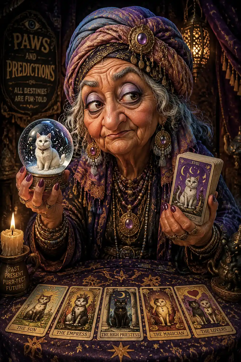 Whimsical elderly fortune teller in a dim mystical booth