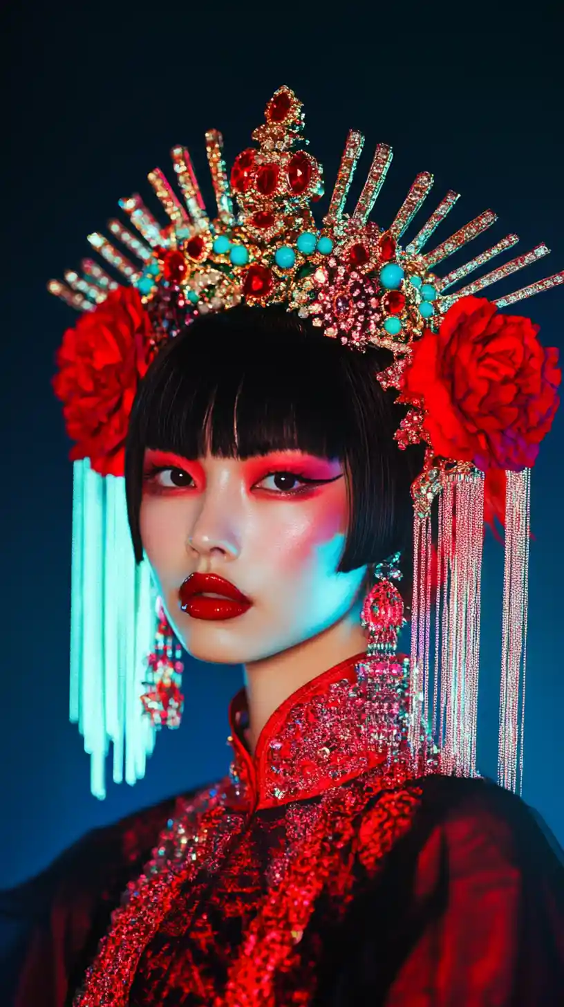 Asian fashion portrait with floral headpiece and bold red makeup