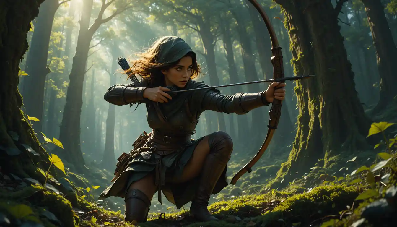 Forest ranger woman aiming a longbow in ancient woods