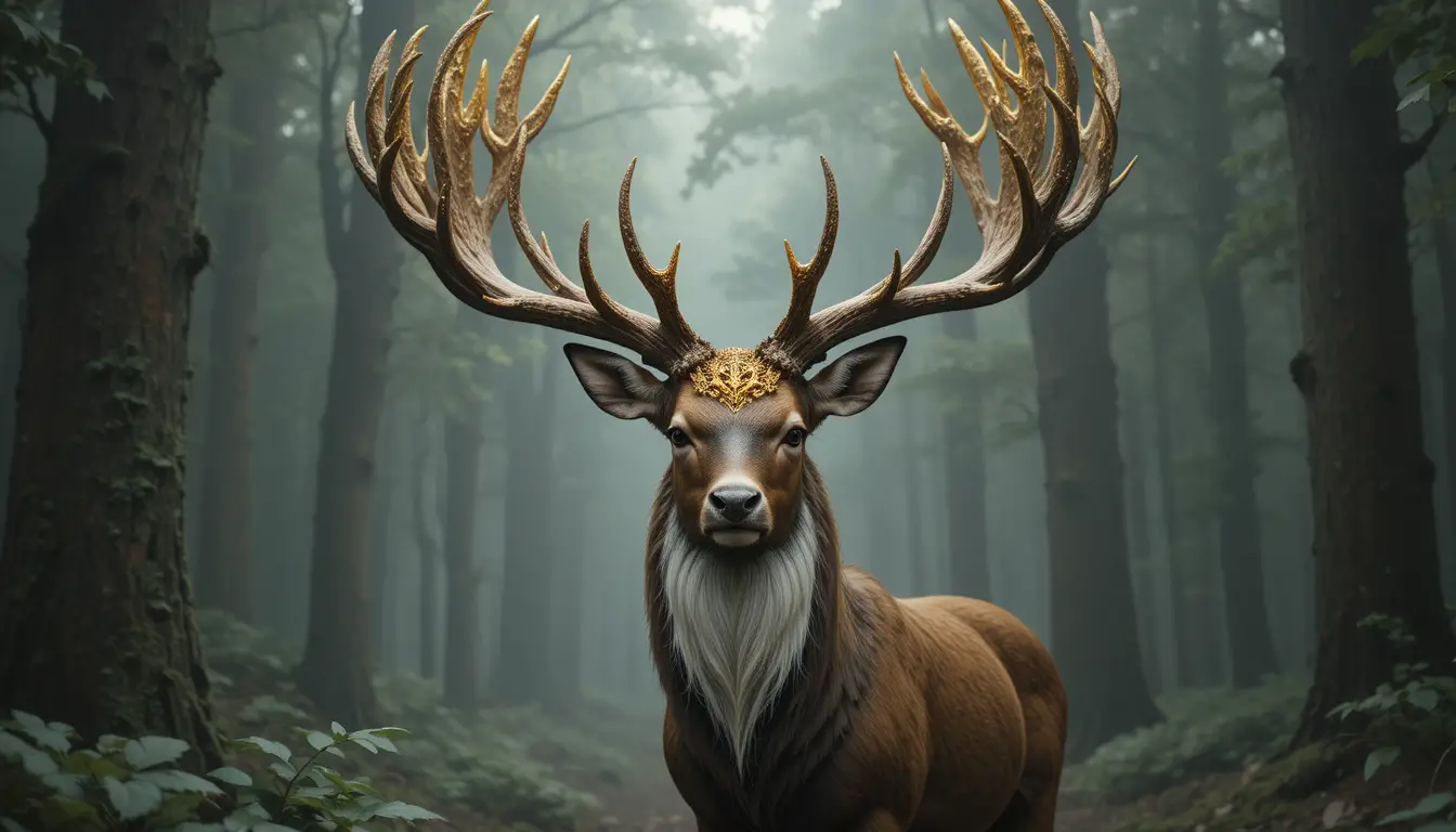 Regal deer with gilded antlers in a misty forest