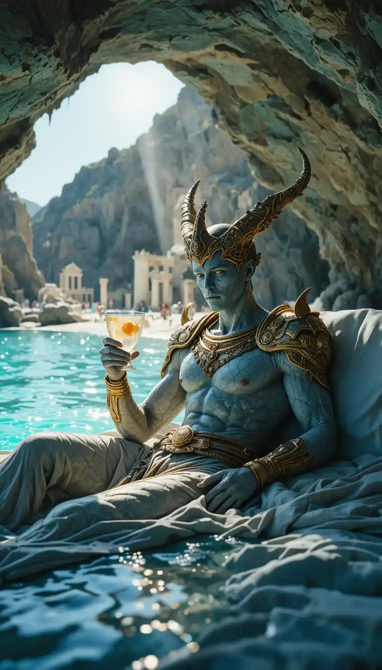 Ancient djinn resting on a sunbed in a sea cave