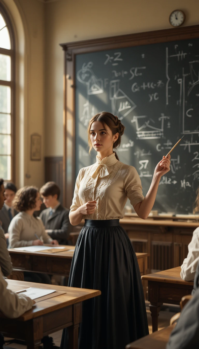 Victorian schoolgirl presenting math at the classroom blackboard