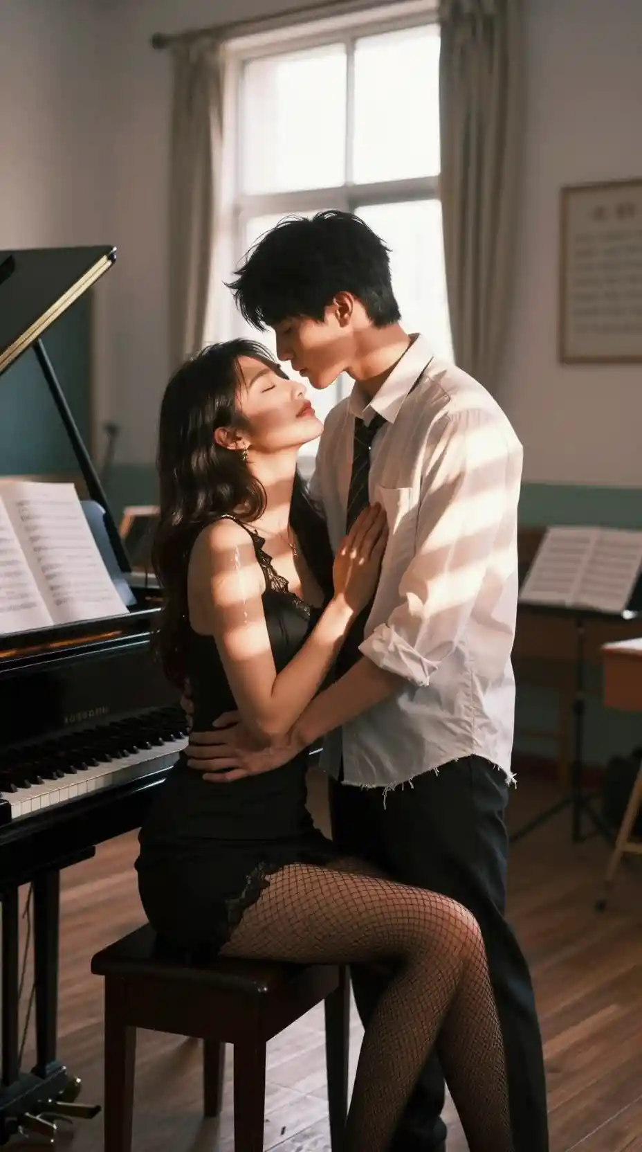 Young teacher on piano in cinematic sunlit classroom