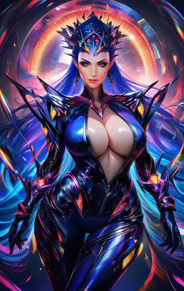 Curvy rainbow haired woman in unzipped glossy blue outfit