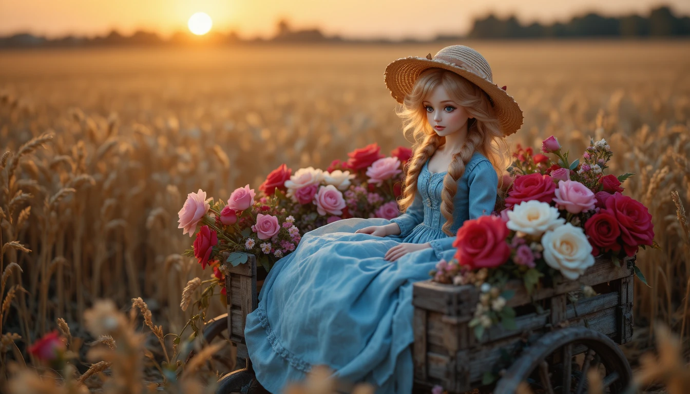 Vintage doll in blue gown among roses at sunset