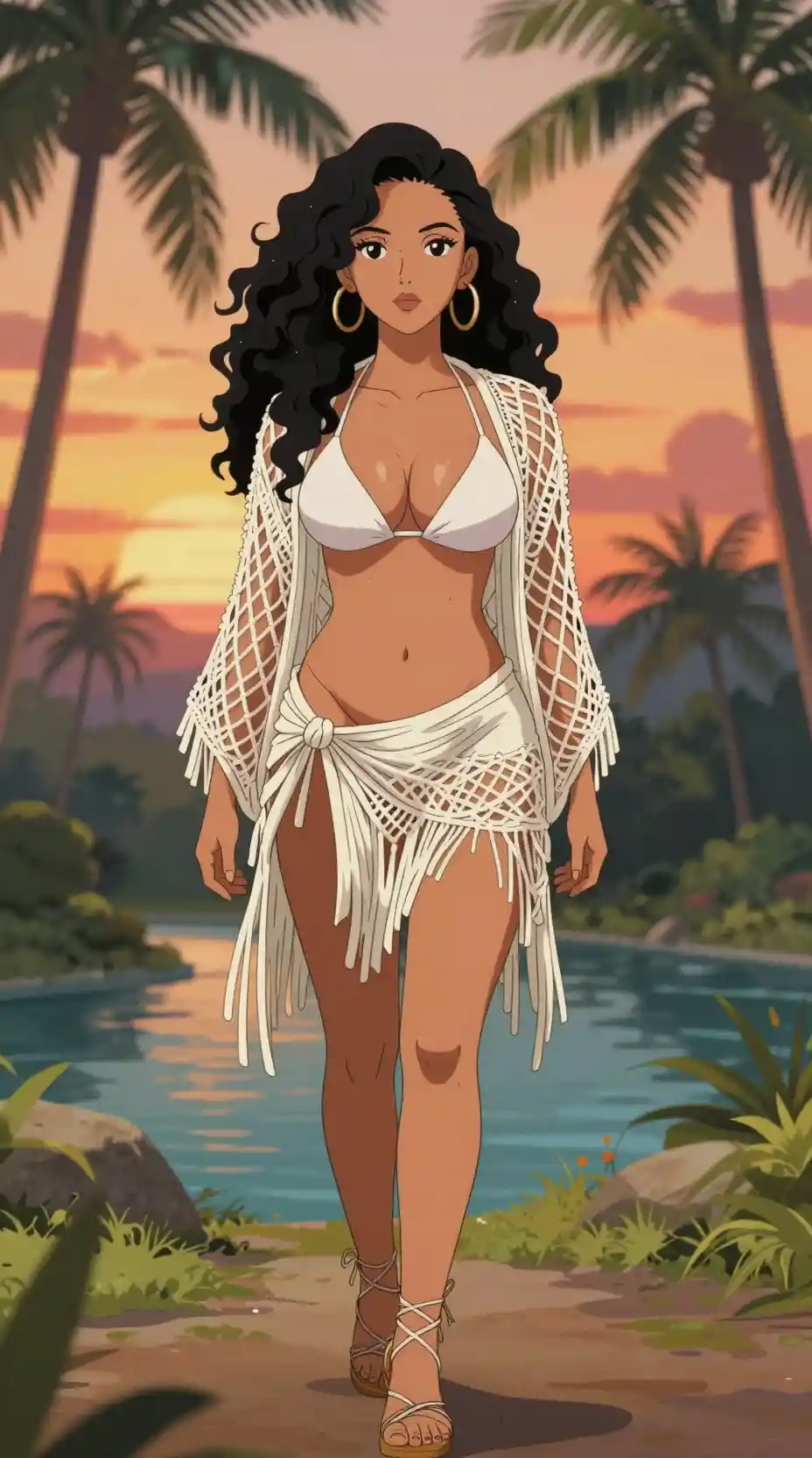 Anime woman in bikini by a sunset tropical river