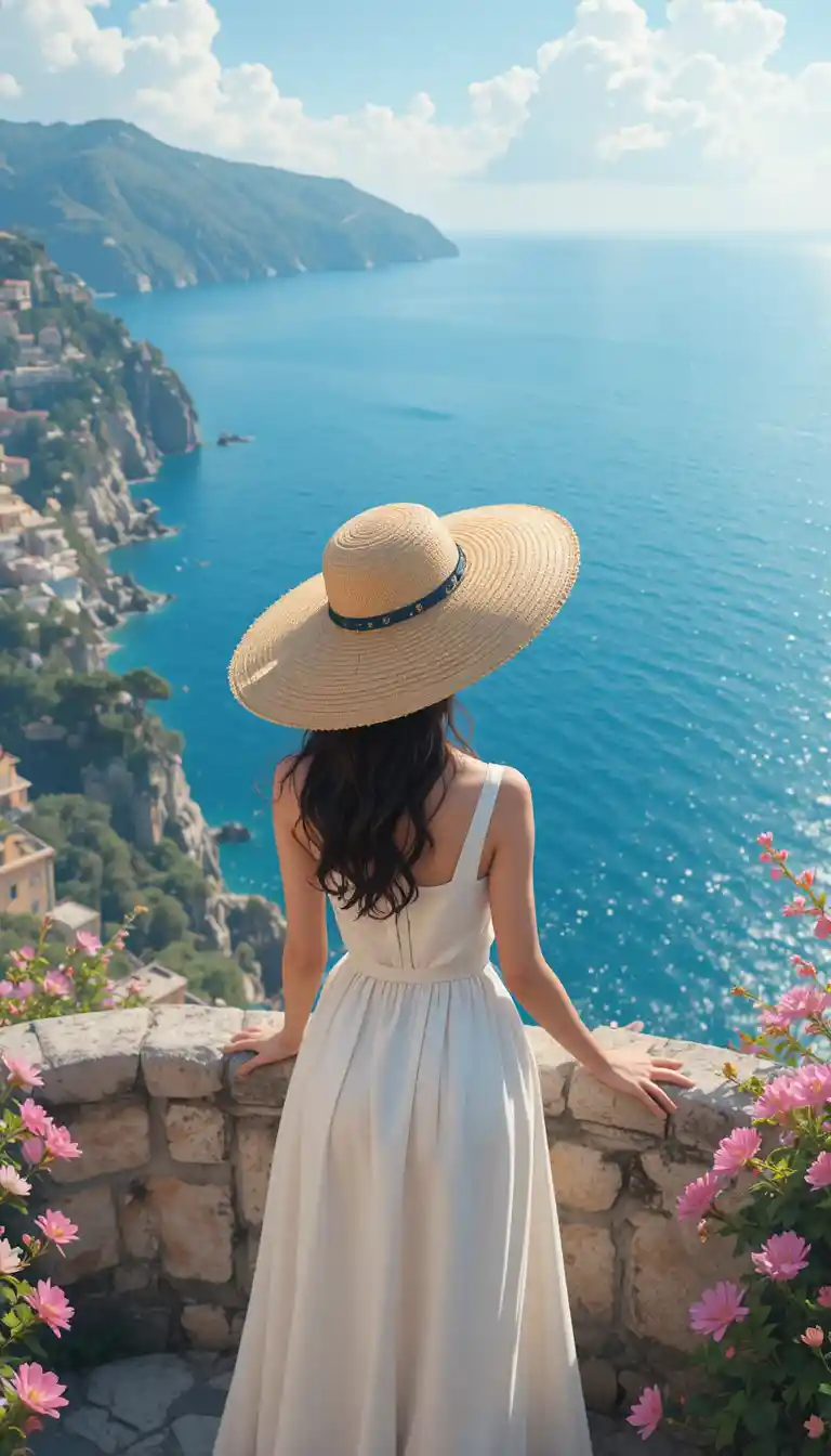 Girl on balcony above colorful Mediterranean cliffside town