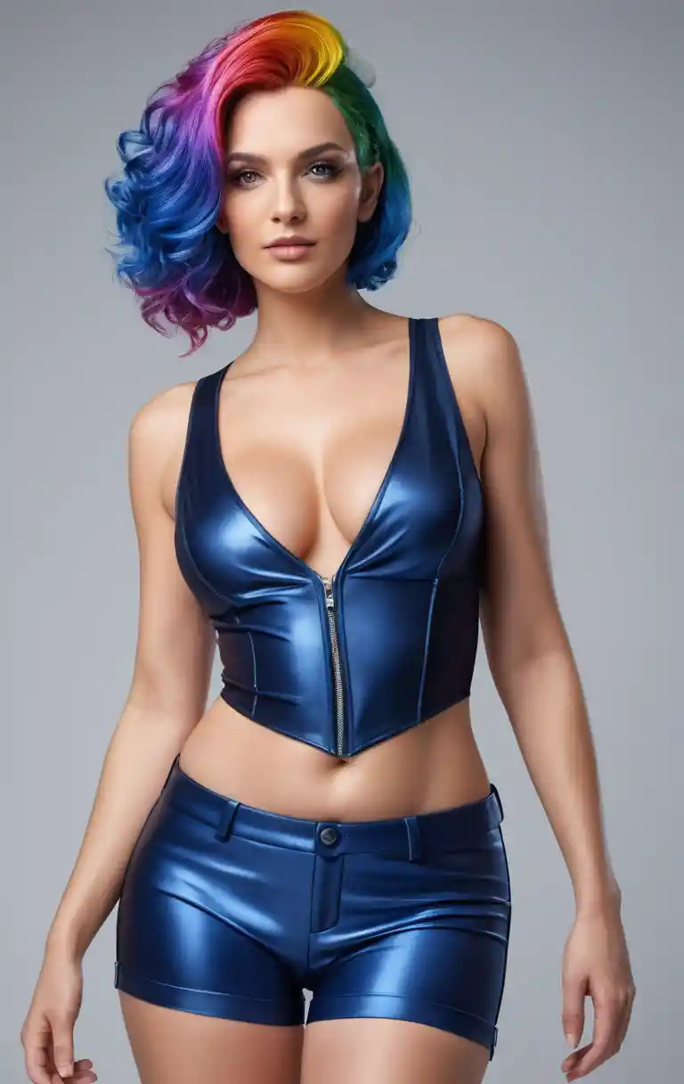 Photorealistic full body portrait of a curvy rainbow haired woman