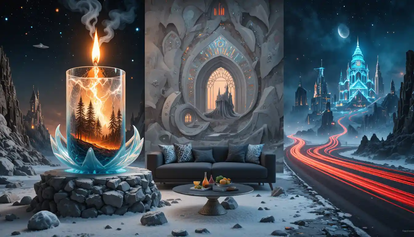 Surreal candle of glowing water beneath a cosmic sky