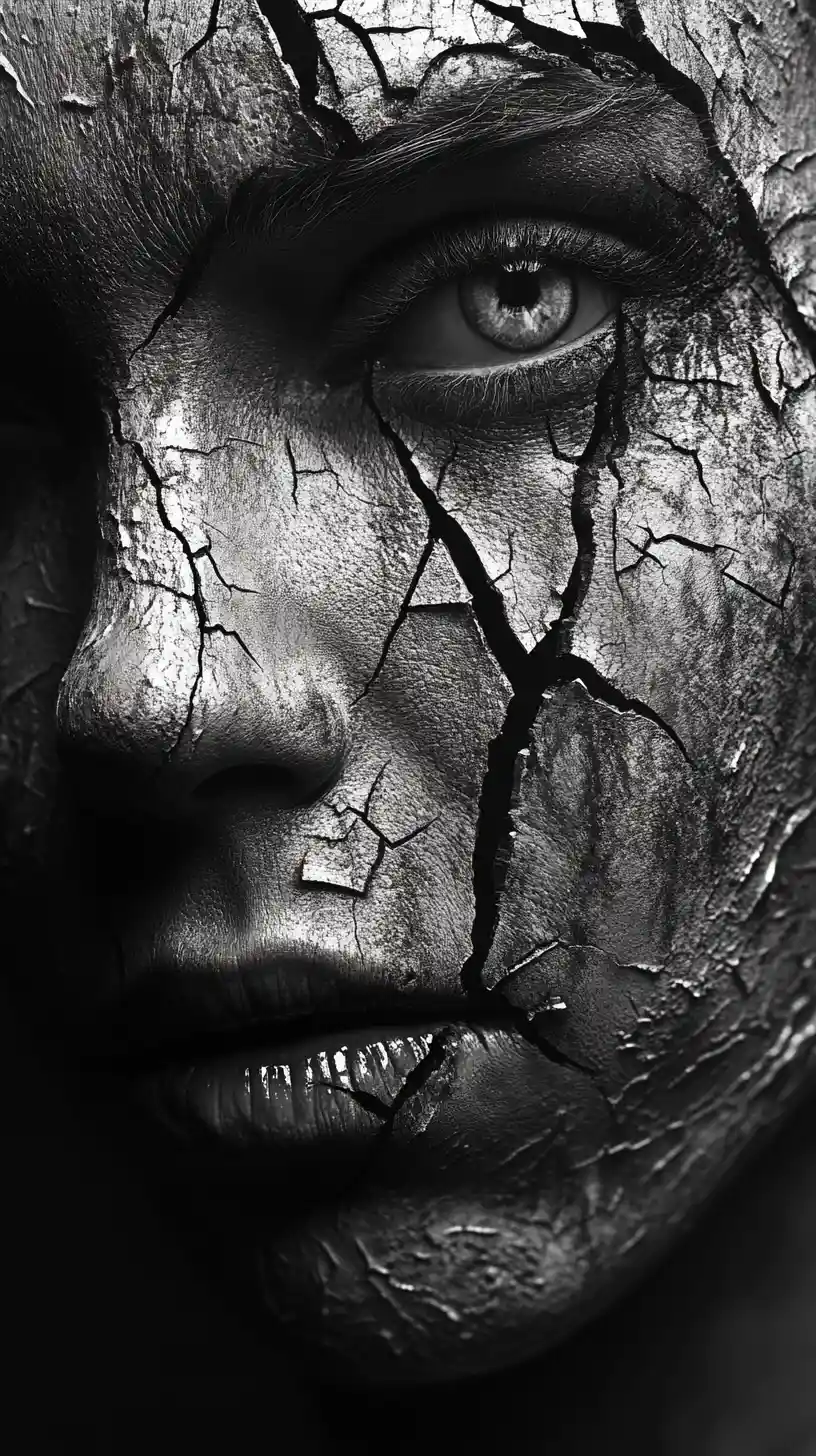 Surreal monochrome horror portrait of a distorted pale woman