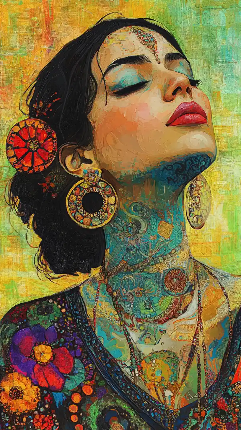 Ornate woman portrait with floral hair and patterned skin