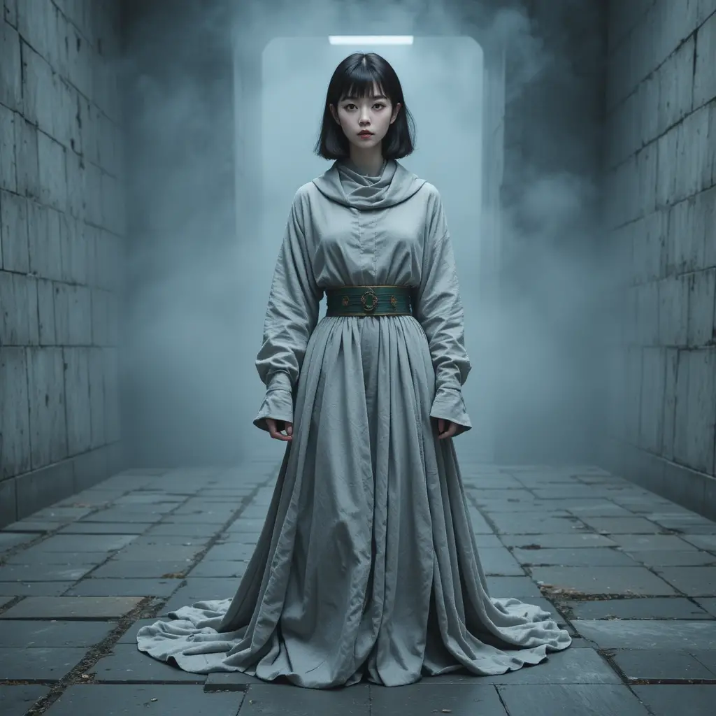 Stoic Korean woman in grey cowl neck linen gown