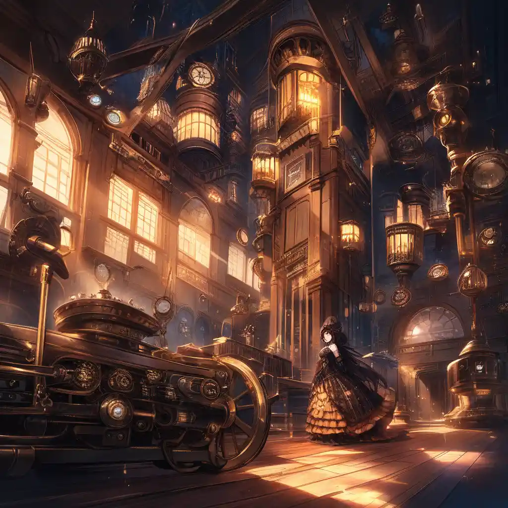Steampunk airship bridge with captain crew and brass automaton