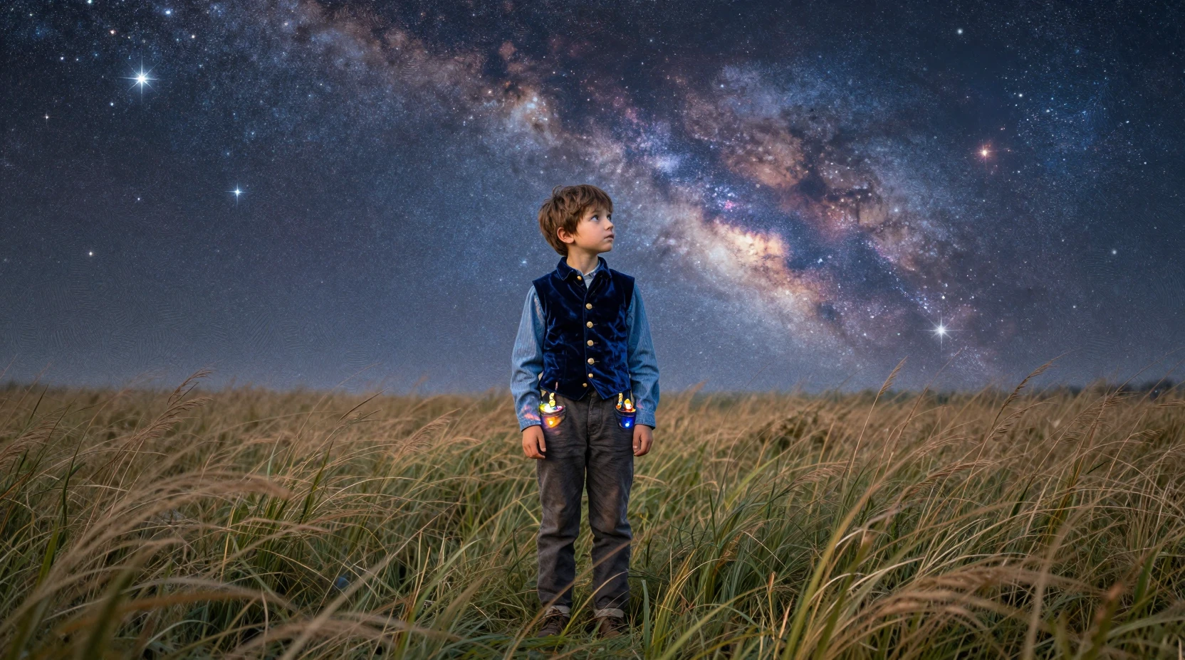 Young boy in a starlit meadow under a swirling sky
