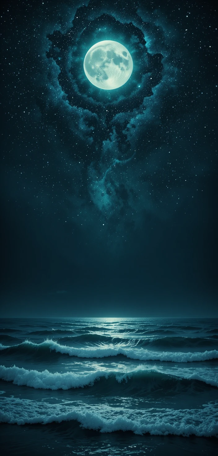 Mystical night sky galaxy reflecting over a calm ocean