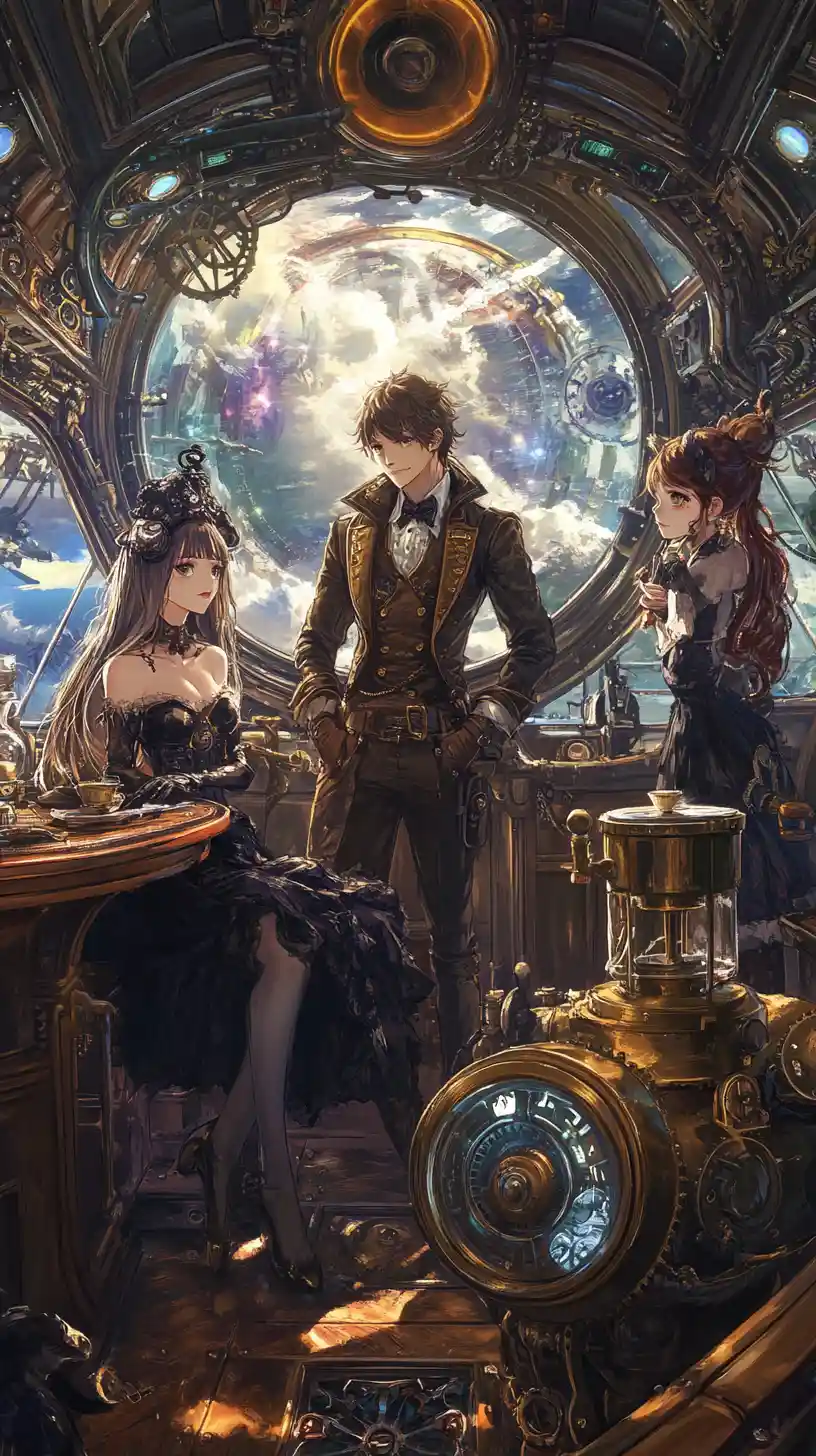 Steampunk airship bridge with captain and crew in anime style