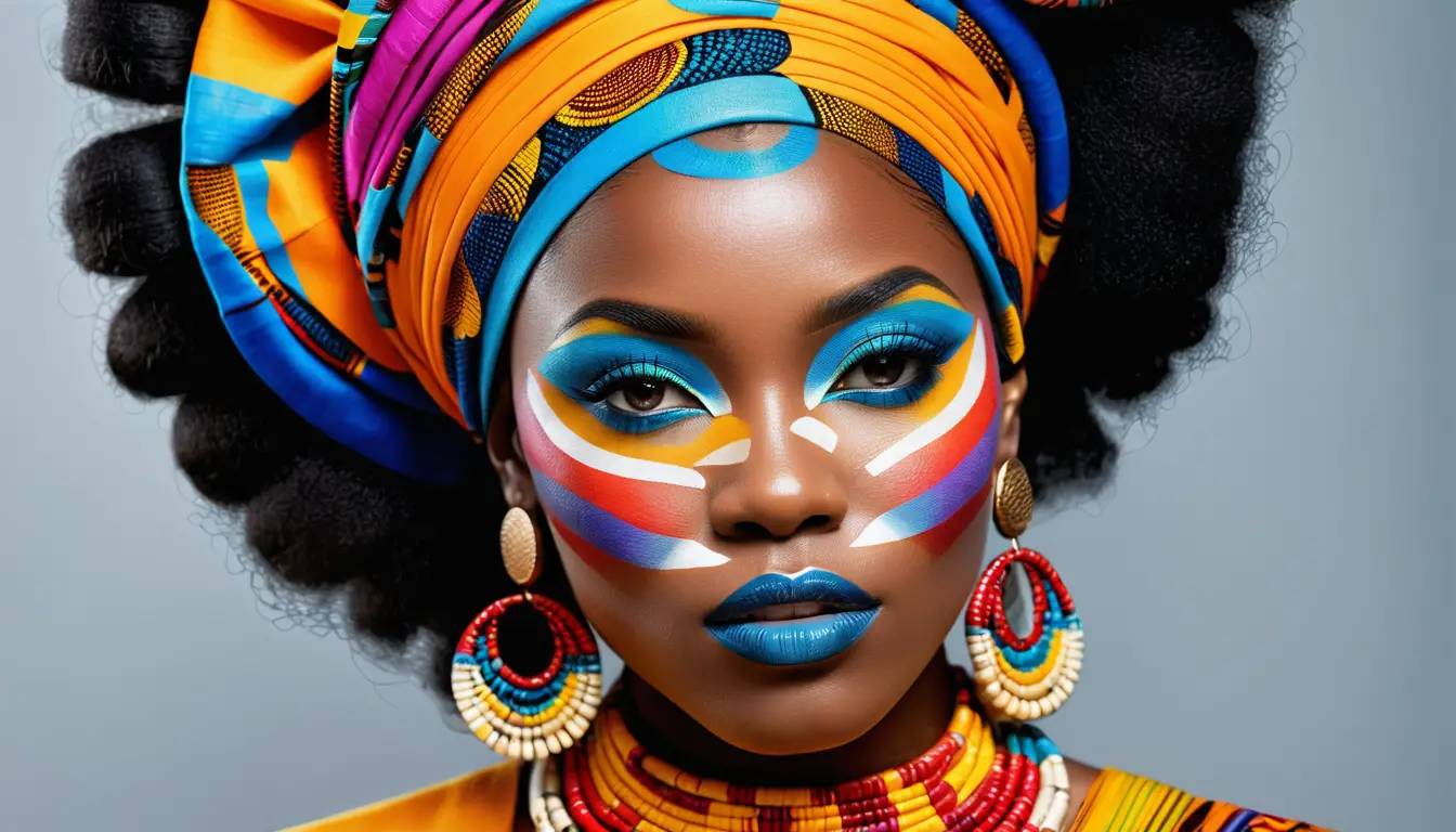 African woman in colorful makeup with circular double exposure portrait