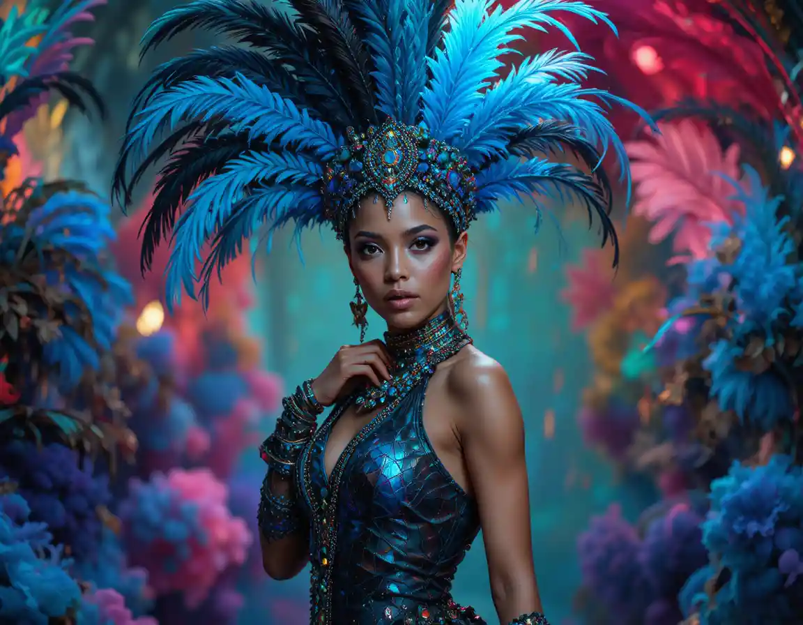 Confident woman in feathered carnival costume with vivid colors
