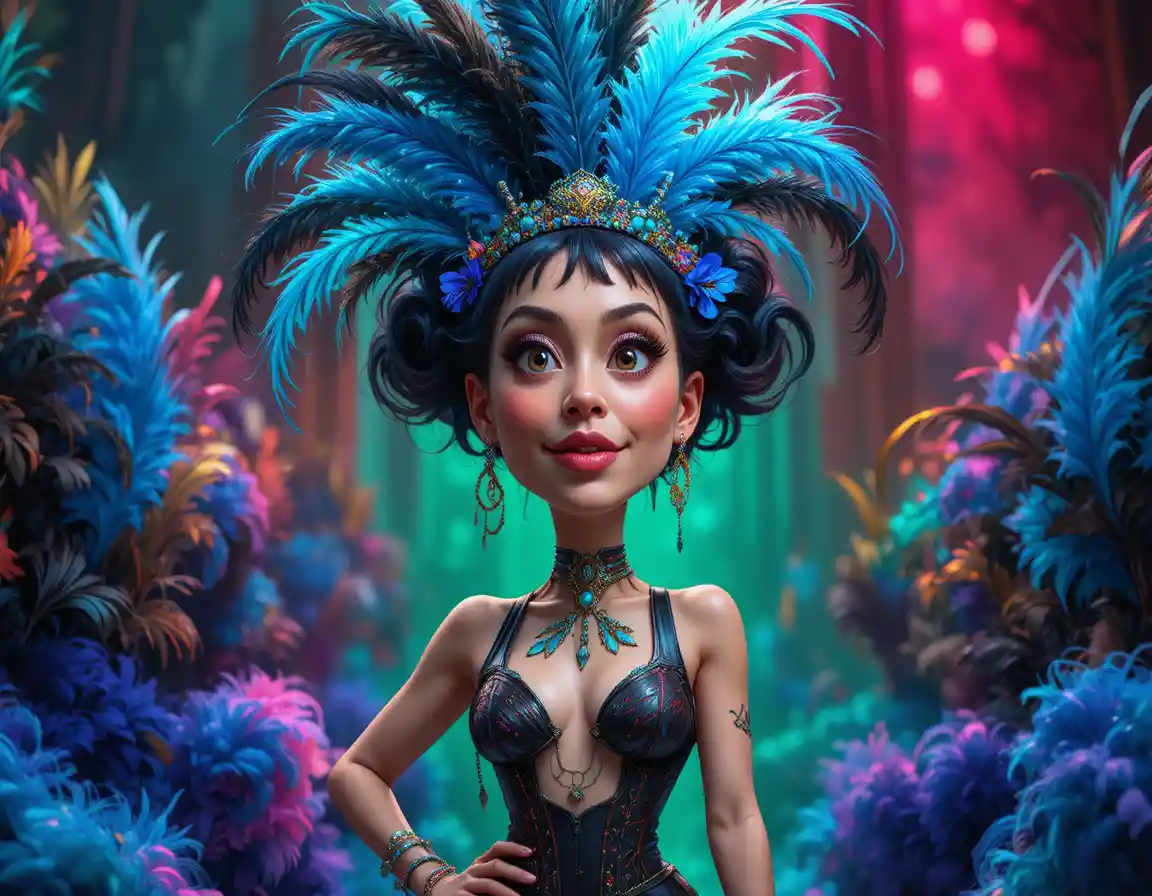 Carnival woman in feathered costume with colorful lighting