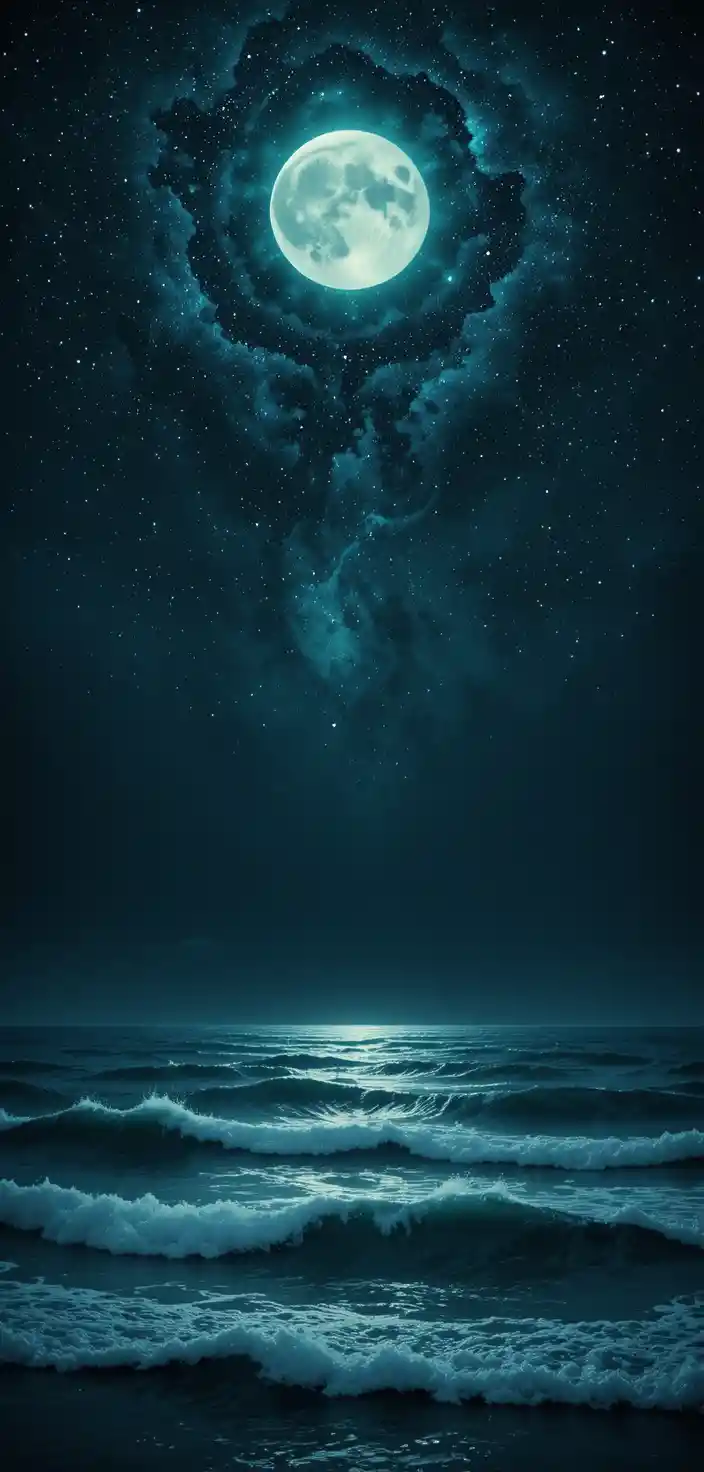 Mystical night sky galaxy reflecting over a calm ocean