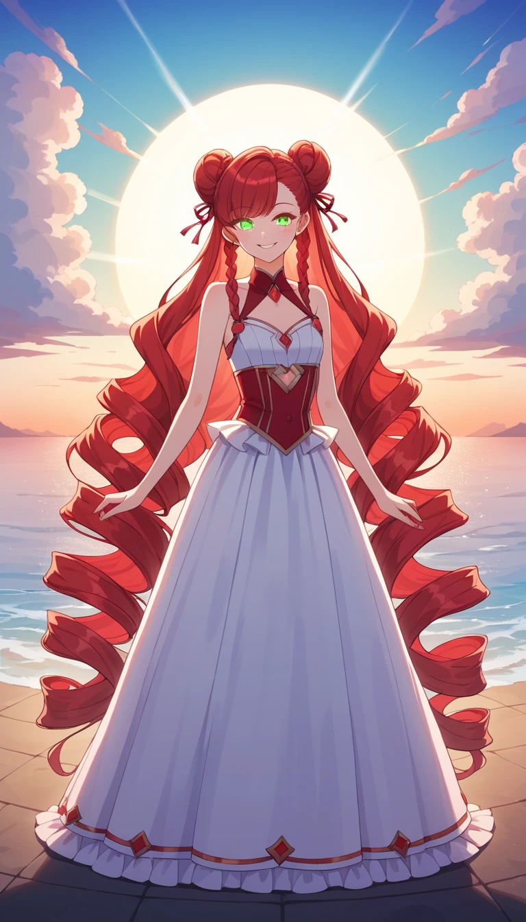 Anime girl standing at sunrise in vibrant outdoor scene