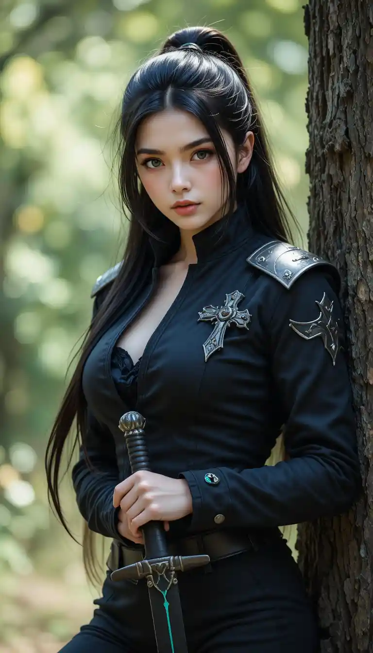 Calm warrior woman with black sword leaning against tree