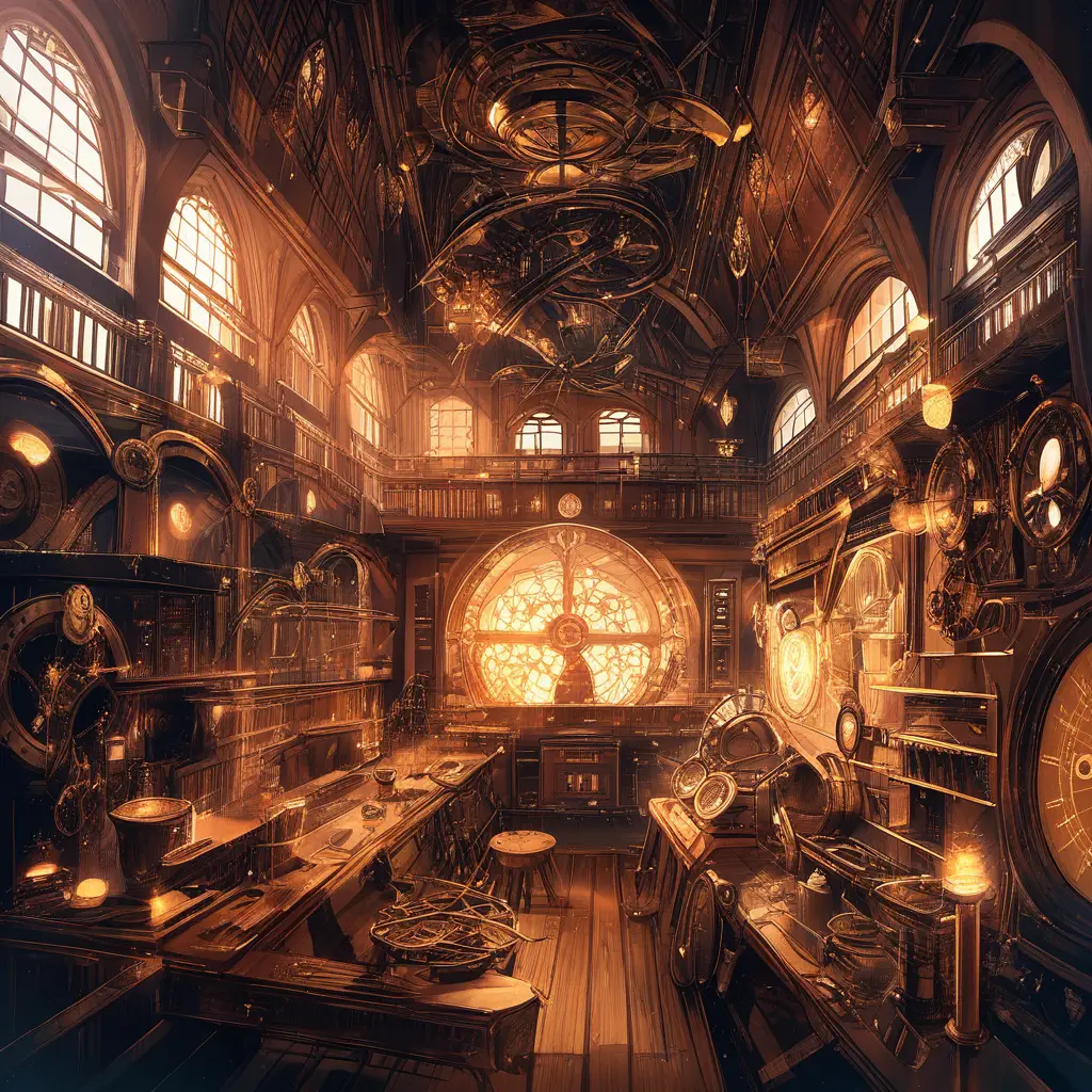 Steampunk airship bridge with captain crew automaton and cat